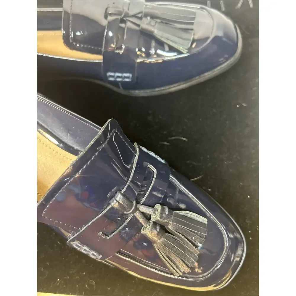 Trifari Navy Blue Tassel Loafers Womens 6.5 Glossy Leather Vintage Style